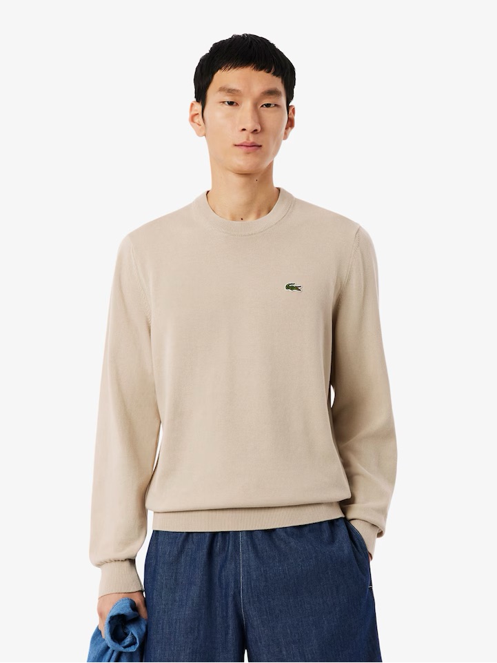 Lacoste Men's Pale Cream Crewneck Sweatshirt With Green Crocodile